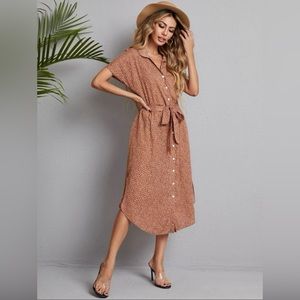 SHEIN Confetti Print Roll Sleeve Split Hem Belted Shirt Dress - X-Small